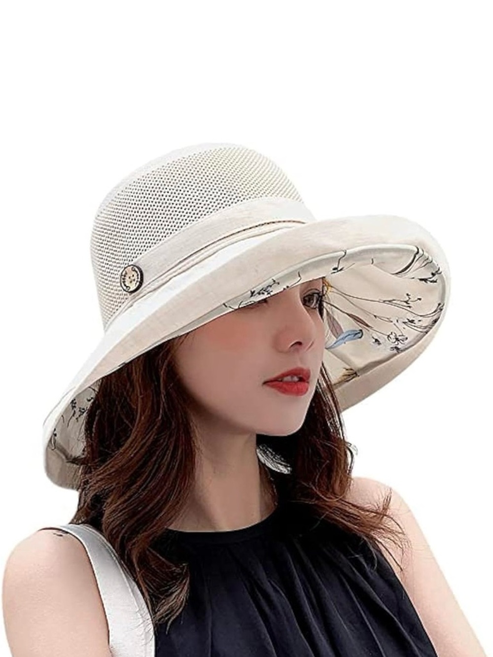 Wide Brim  Packable Beach Hat  Printed Lining Sun Hat - Cream